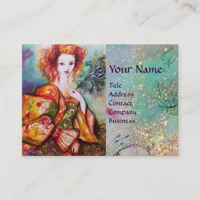 ROMANTIC WOMAN WITH SPARKLING PEACOCK FEATHER BUSINESS CARD (Front)