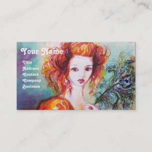ROMANTIC WOMAN WITH SPARKLING PEACOCK FEATHER BUSINESS CARD