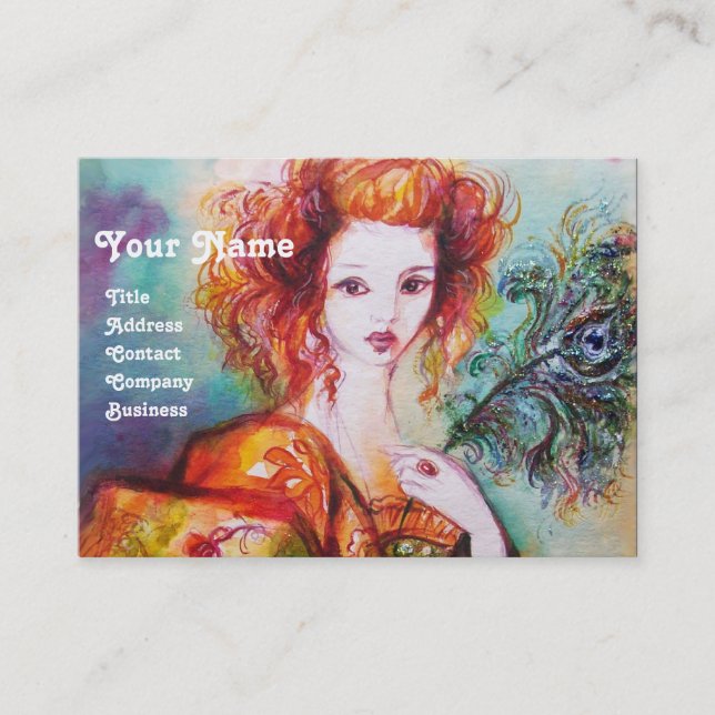 ROMANTIC WOMAN WITH SPARKLING PEACOCK FEATHER BUSINESS CARD (Front)