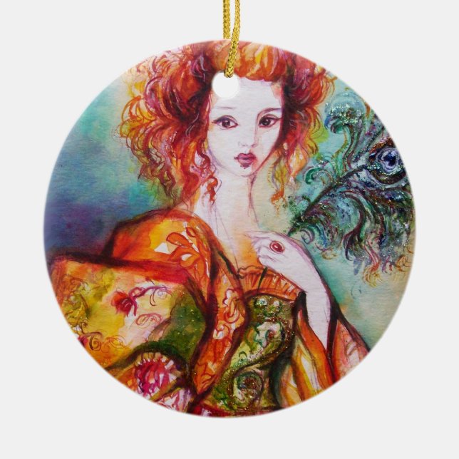 ROMANTIC WOMAN WITH SPARKLING PEACOCK FEATHER CERAMIC ORNAMENT (Front)