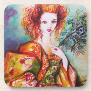 ROMANTIC WOMAN WITH SPARKLING PEACOCK FEATHER COASTER