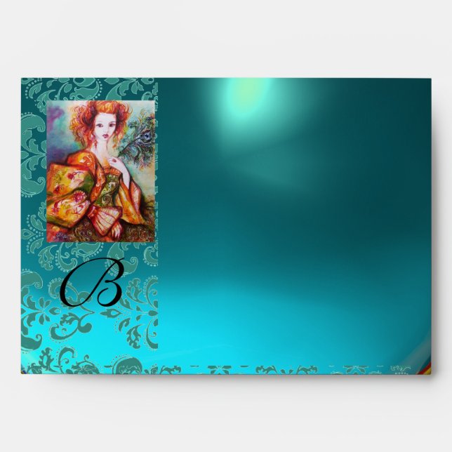 ROMANTIC WOMAN WITH SPARKLING PEACOCK FEATHER ENVELOPE (Front)