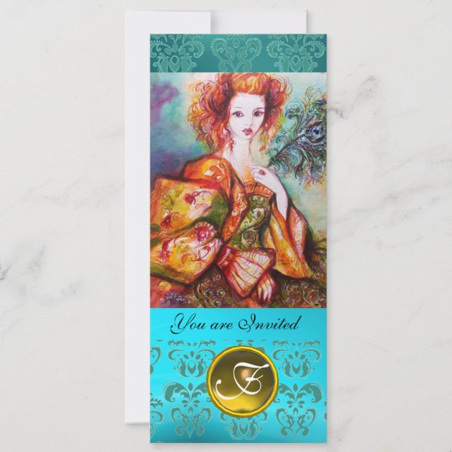 ROMANTIC WOMAN WITH SPARKLING PEACOCK FEATHER INVITATION (Front)