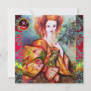 ROMANTIC WOMAN WITH SPARKLING PEACOCK FEATHER INVITATION