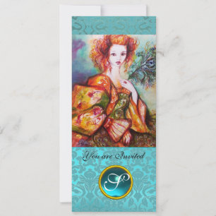 ROMANTIC WOMAN WITH SPARKLING PEACOCK FEATHER INVITATION