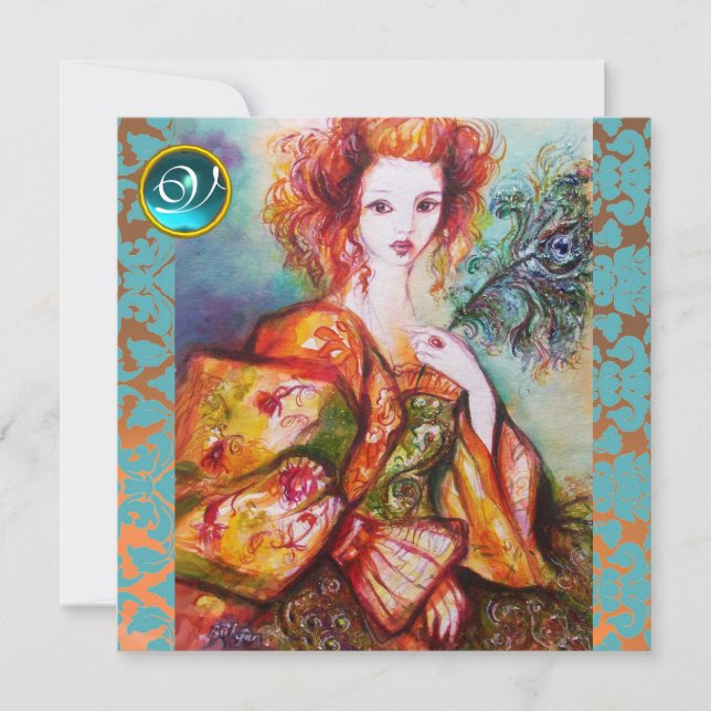 ROMANTIC WOMAN WITH SPARKLING PEACOCK FEATHER INVITATION (Front)