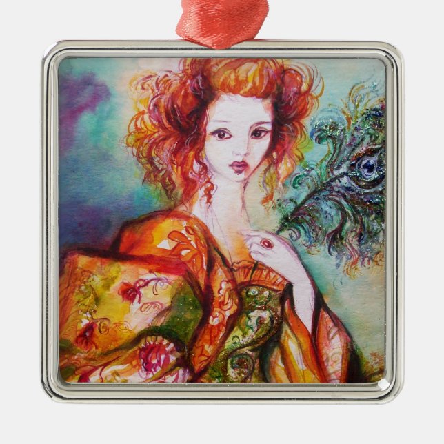 ROMANTIC WOMAN WITH SPARKLING PEACOCK FEATHER METAL ORNAMENT (Front)