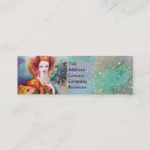ROMANTIC WOMAN WITH SPARKLING PEACOCK FEATHER MINI BUSINESS CARD