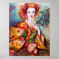 ROMANTIC WOMAN WITH SPARKLING PEACOCK FEATHER
