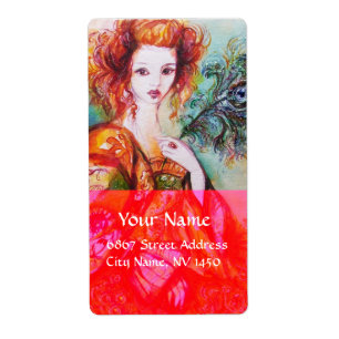 ROMANTIC WOMAN WITH SPARKLING PEACOCK FEATHER,Red