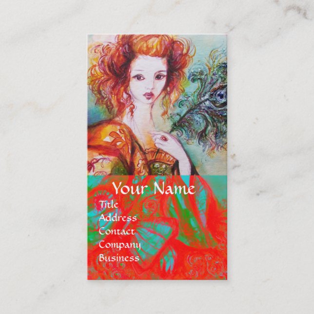 ROMANTIC WOMAN WITH SPARKLING PEACOCK FEATHER Red Business Card (Front)