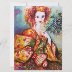 ROMANTIC WOMAN WITH SPARKLING PEACOCK FEATHER,Red Invitation