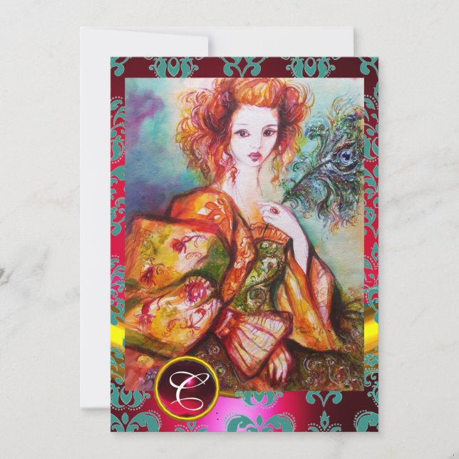 ROMANTIC WOMAN WITH SPARKLING PEACOCK FEATHER,Red Invitation (Front)