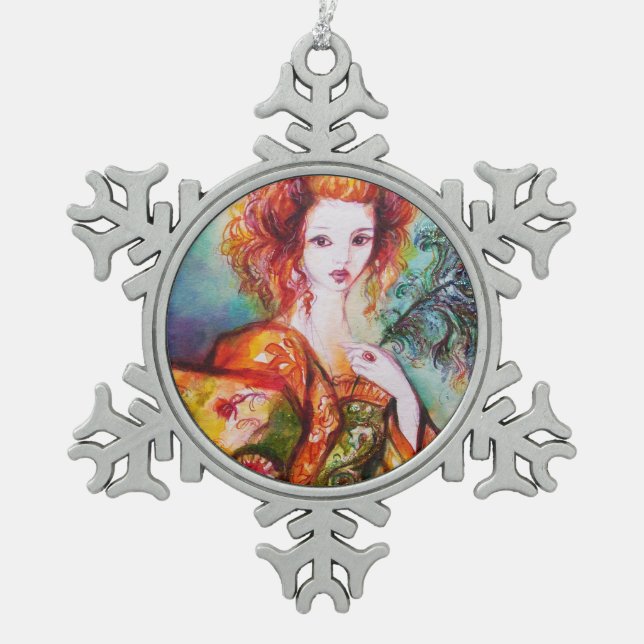 ROMANTIC WOMAN WITH SPARKLING PEACOCK FEATHER SNOWFLAKE PEWTER CHRISTMAS ORNAMENT (Front)