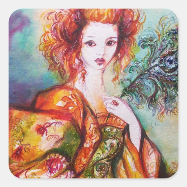 ROMANTIC WOMAN WITH SPARKLING PEACOCK FEATHER SQUARE STICKER (Front)