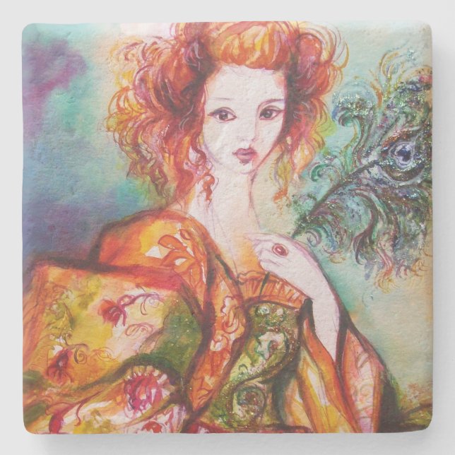 ROMANTIC WOMAN WITH SPARKLING PEACOCK FEATHER STONE COASTER (Front)