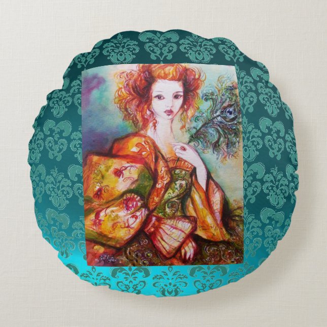 ROMANTIC WOMAN WITH SPARKLING PEACOCK FEATHER Teal Round Pillow (Front)