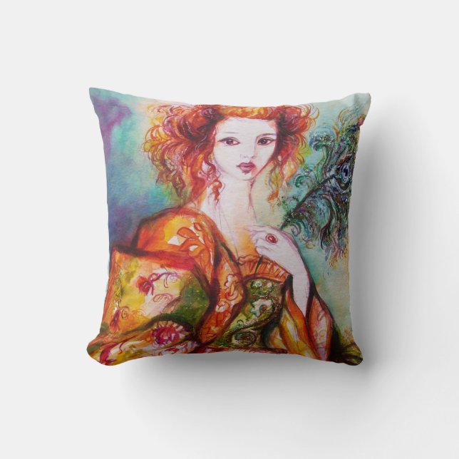 ROMANTIC WOMAN WITH SPARKLING PEACOCK FEATHER THROW PILLOW (Front)