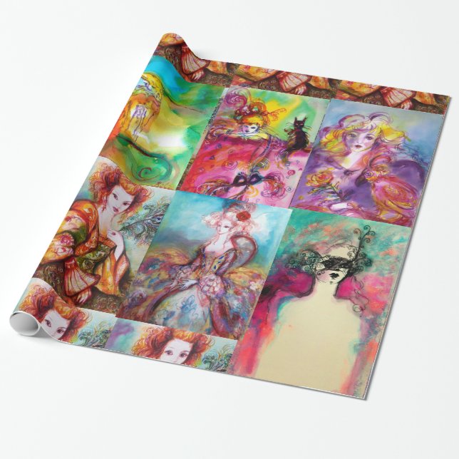 ROMANTIC WOMEN AND MASQUERADE FACES WRAPPING PAPER (Unrolled)