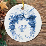 Romantic Wreath•Doves Ceramic Ornament<br><div class="desc">Romantic wreath with two doves in blue.  Customizable text template at right.</div>