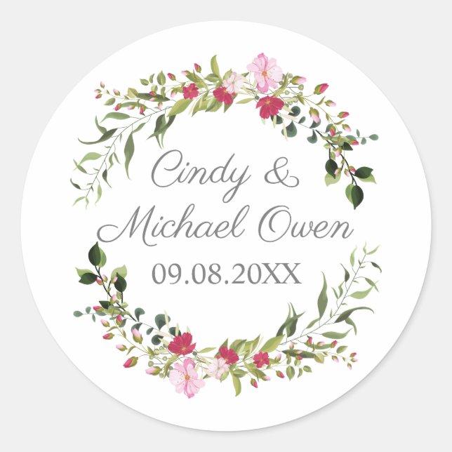 Romantic Wreath in Red and Pink for Wedding Gift Classic Round Sticker (Front)