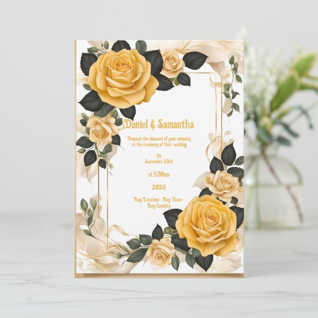 Romantic yellow Rose Wedding Invitations (Standing Front)