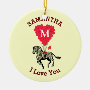 Romantic zebra and red heart personalized ceramic ornament