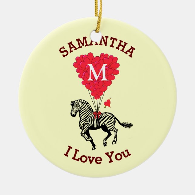 Romantic zebra and red heart personalized ceramic ornament (Front)