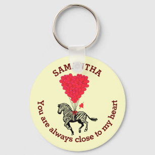 Romantic zebra and red heart personalized keychain