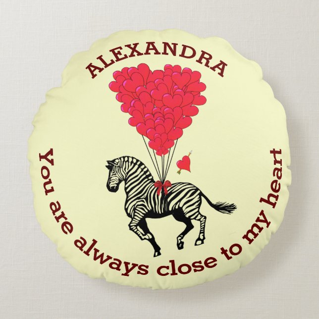 Romantic zebra and red heart personalized round pillow (Front)