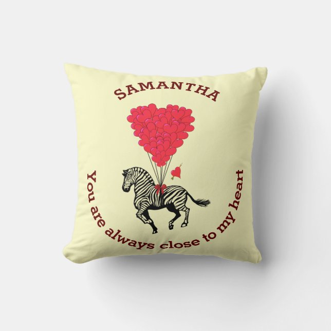 Romantic zebra and red heart personalized throw pillow (Front)