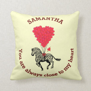 Romantic zebra and red heart personalized throw pillow