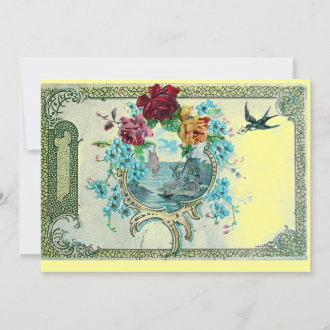 ROMANTICA 3 Floral Blue Yellow Wedding Party Invitation (Front)