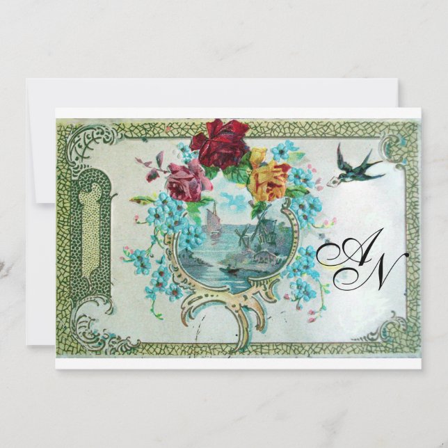 ROMANTİCA 3 MONOGRAM,Blue White Wedding Party Invitation (Front)