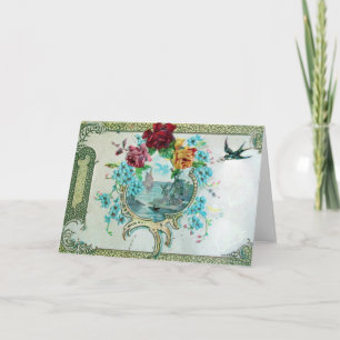 ROMANTICA,BLUE PINK FLORAL ROSES WITH SWALLOW HOLIDAY CARD