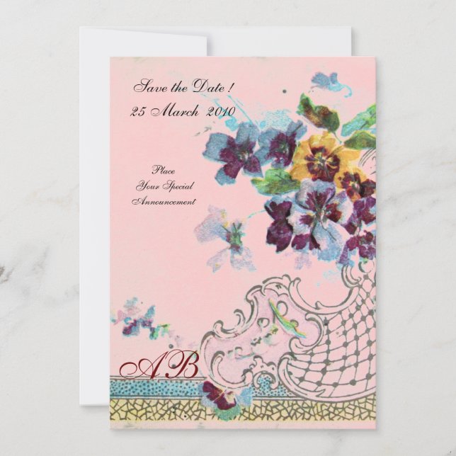 ROMANTİCA Blue Pink Floral Wedding Monogram Invitation (Front)