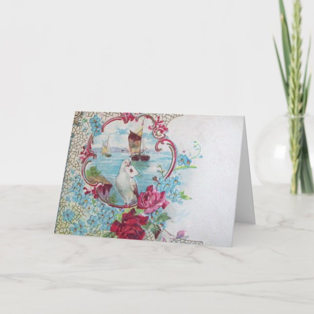 ROMANTICA,BLUE RED PINK FLORAL ROSES WHITE DOVE HOLIDAY CARD (Front)