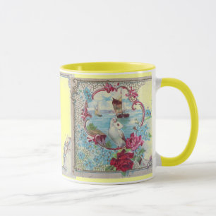 ROMANTICA,BLUE YELLOW PINK FLORAL ROSES WITH DOVE  MUG