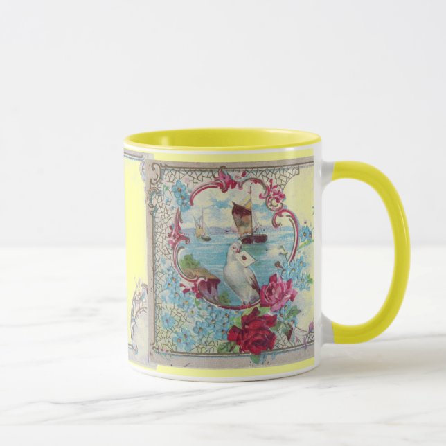 ROMANTICA,BLUE YELLOW PINK FLORAL ROSES WITH DOVE  MUG (Right)