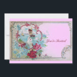 ROMANTICA,Elegant Classy Wedding Party, pink blue Invitation<br><div class="desc">Elegant, classy, vibrant and classic floral design. Red, pink roses , blue flowers with a white dove carrying a letter in a seascape .Digital graphic elaboration in vintage style by Bulgan Lumini (c) Easy to customize with your initials and own text as a wedding party, /ceremony announcement card / place...</div>