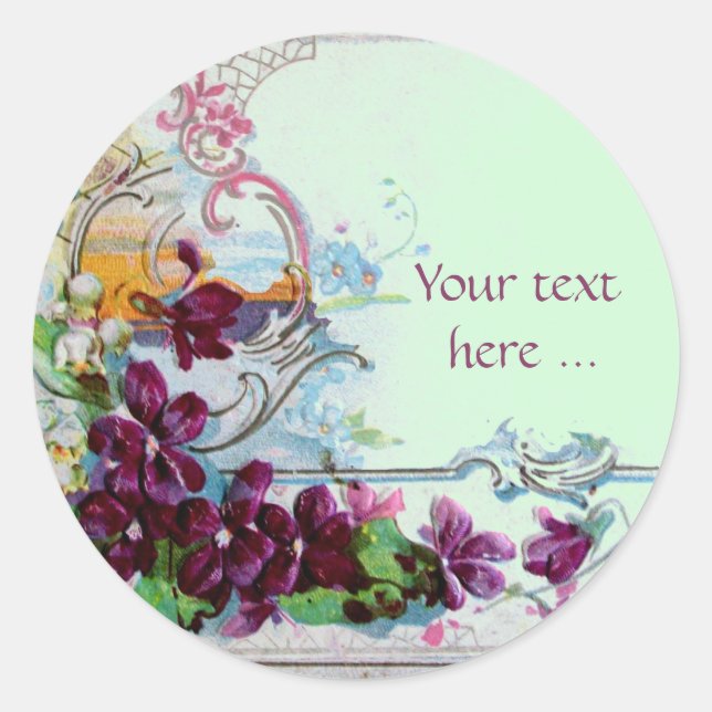ROMANTICA /ELEGANT FLORAL /PANSIES,SNOWDROPS Green Classic Round Sticker (Front)