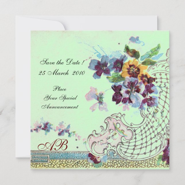 ROMANTICA Floral Blue Pink Green Wedding Monogram Invitation (Front)