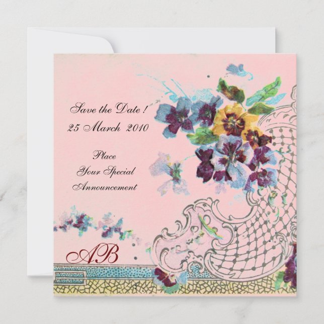 ROMANTICA Floral Purple Blue Pink Wedding Pansies Invitation (Front)
