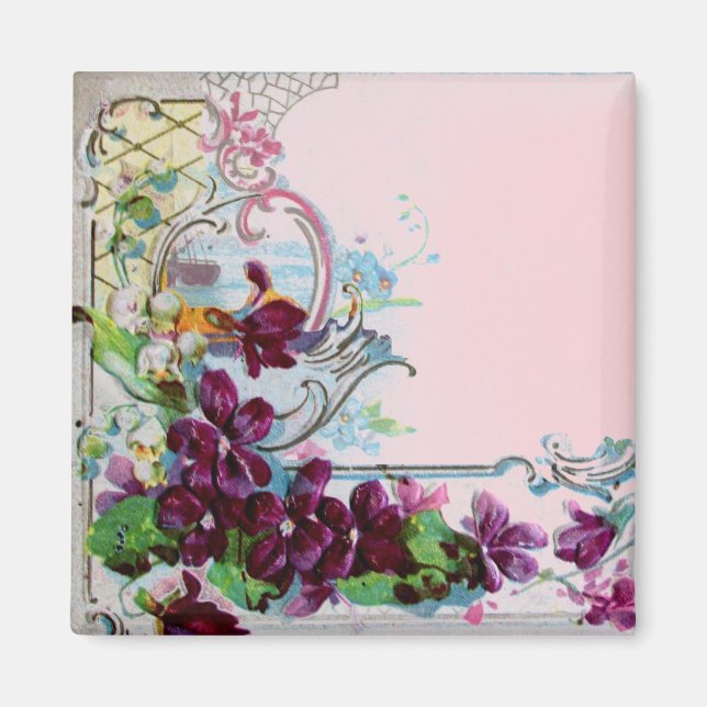 ROMANTICA Floral Swirls Purple Pansies Pink Magnet (Front)