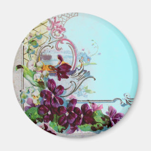 ROMANTICA Floral Swirls Purple Pansies,Teal Blue Magnet