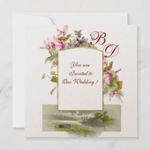 ROMANTİCA MONOGRAM /CYCLAMENS,pink green champagne Invitation