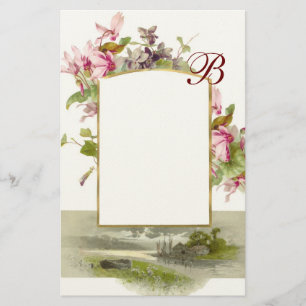 ROMANTİCA MONOGRAM / CYCLAMENS,pink green cream Stationery