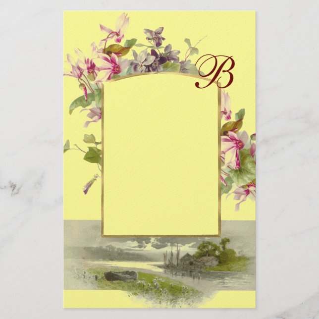 ROMANTİCA MONOGRAM / CYCLAMENS,pink green yellow Stationery (Front)