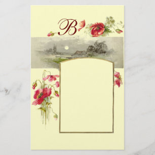ROMANTİCA MONOGRAM / POPPIES,red,green,cream Stationery