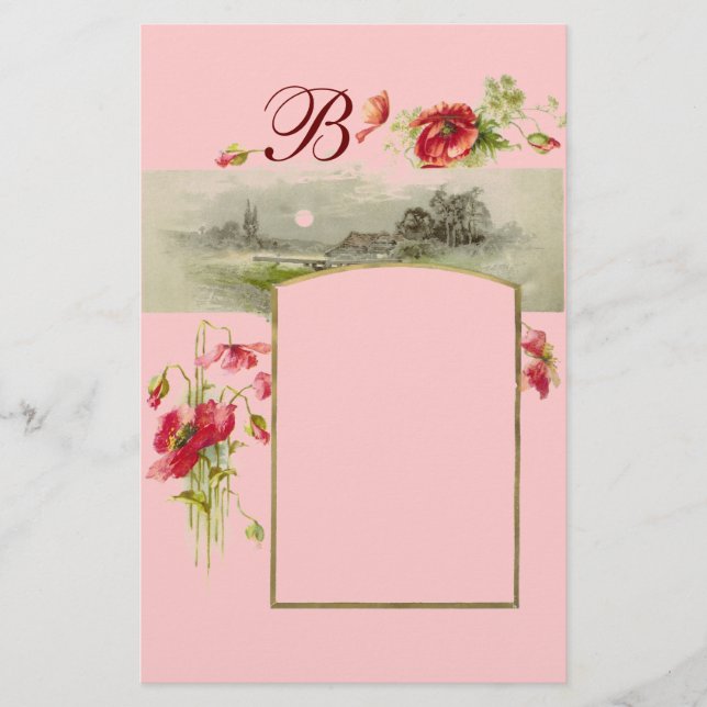 ROMANTİCA MONOGRAM / POPPIES,red,green pink Stationery (Front)